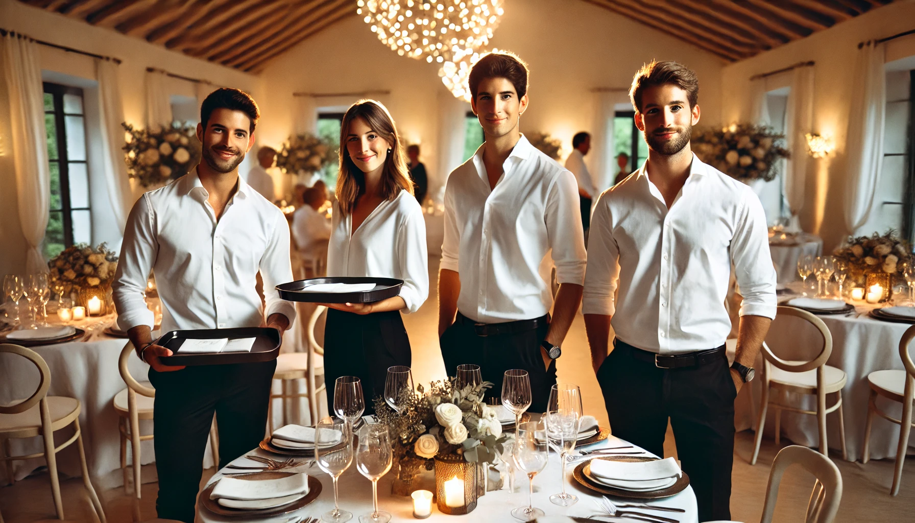 Serveurs professionnels en action lors d’un mariage en Vendée, avec une salle élégamment décorée.