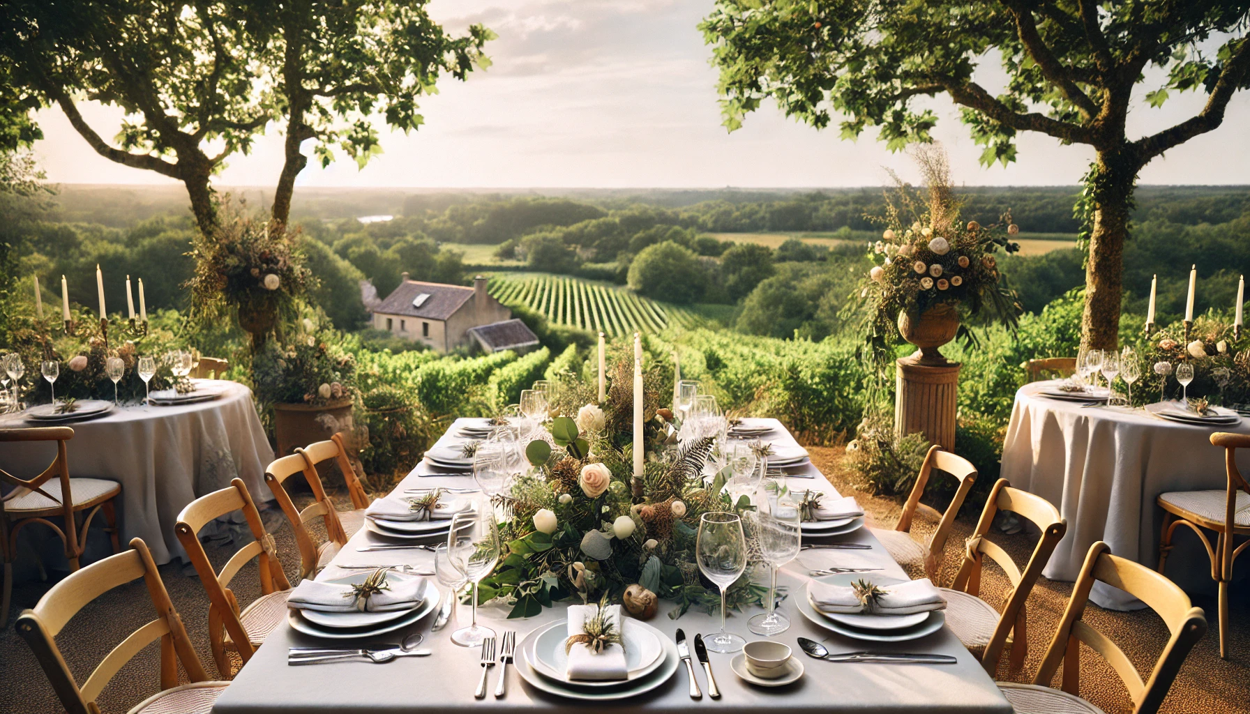 Réception de mariage en Vendée avec une table élégamment dressée et des décorations florales naturelles.