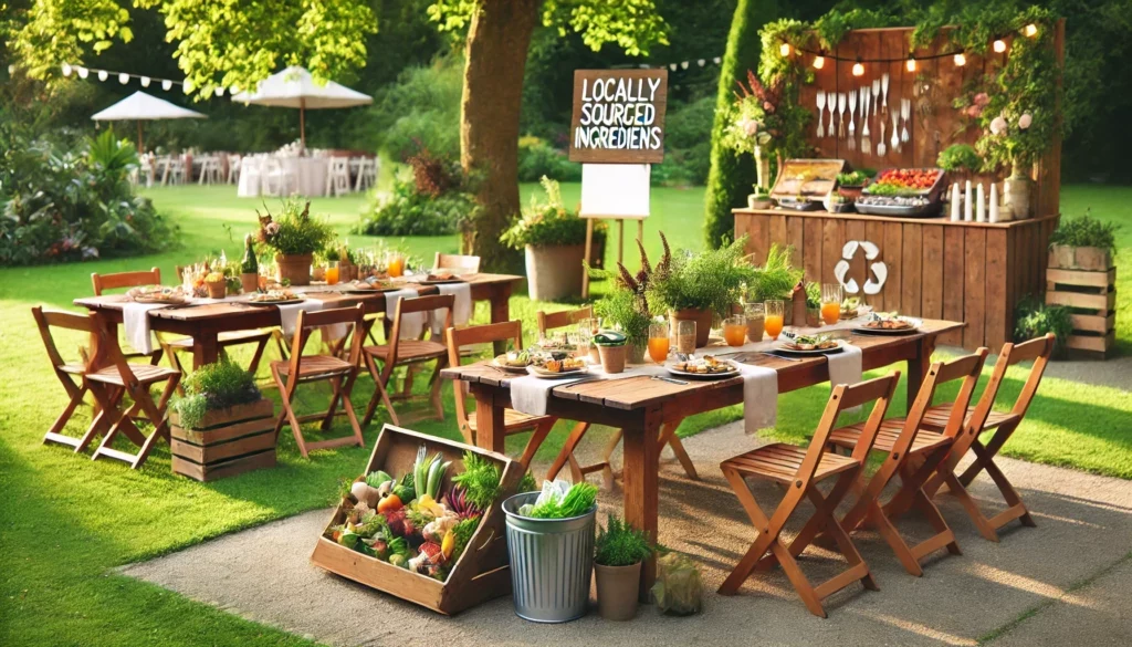Eco-friendly wedding catering setup with reusable tableware, seasonal dishes, and sustainable décor.