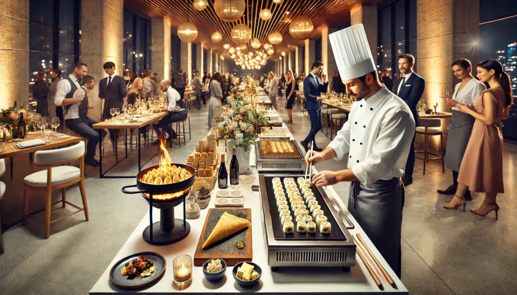 Interactive culinary workshops at an elegant event, including a sushi bar, crêpe flambée stand, and cheese tasting table.