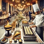 Interactive culinary workshops at an elegant event, including a sushi bar, crêpe flambée stand, and cheese tasting table.