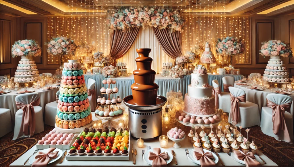 Spectacular dessert station with a chocolate fountain, cupcake bar, macaron towers, and a sculpted cake at an elegant event
