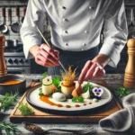 Chef traiteur gastronomique dressant une assiette haut de gamme dans une cuisine professionnelle
