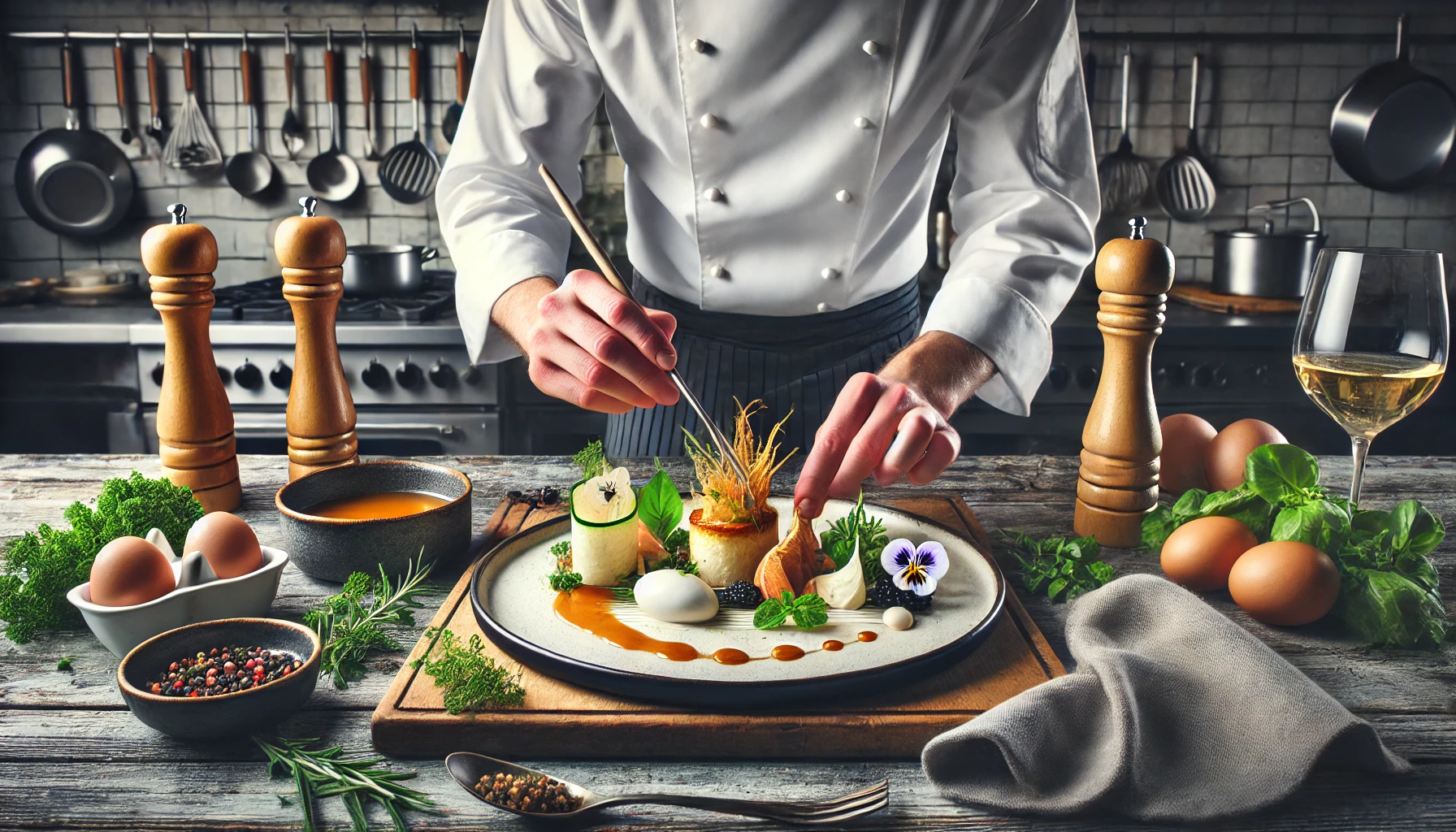 Chef traiteur gastronomique dressant une assiette haut de gamme dans une cuisine professionnelle