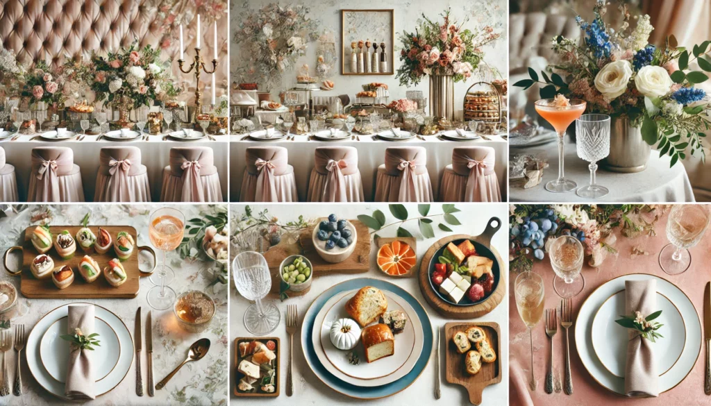 Elegant visual comparison of wedding catering styles, including formal dinner, rustic buffet, and chic cocktail setups.