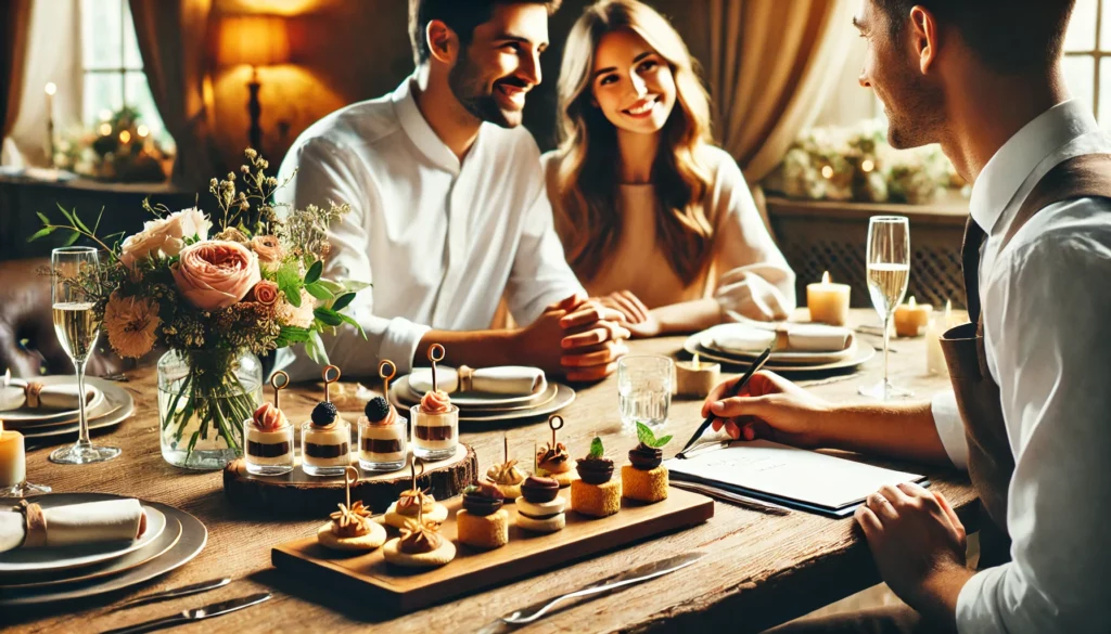 Couple enjoying a gourmet wedding tasting session with a caterer, exploring personalized menu options.