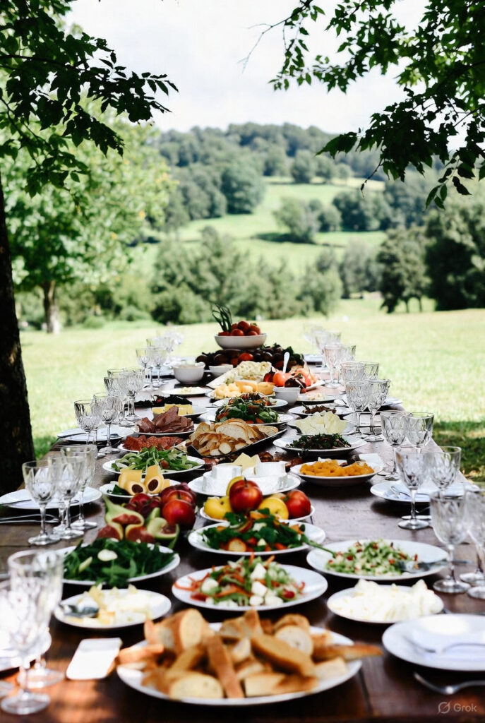 Grand buffet de mariage en extérieur avec plats régionaux, charcuterie, fromages et légumes de saison sur une longue table en bois dans un cadre rural verdoyant