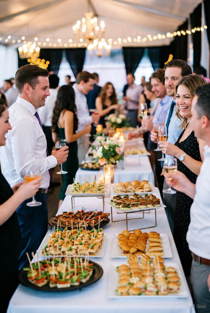 Invités élégants lors d’un cocktail dînatoire de mariage en extérieur avec mini-bouchées gourmandes, ambiance détendue et guirlandes lumineuses