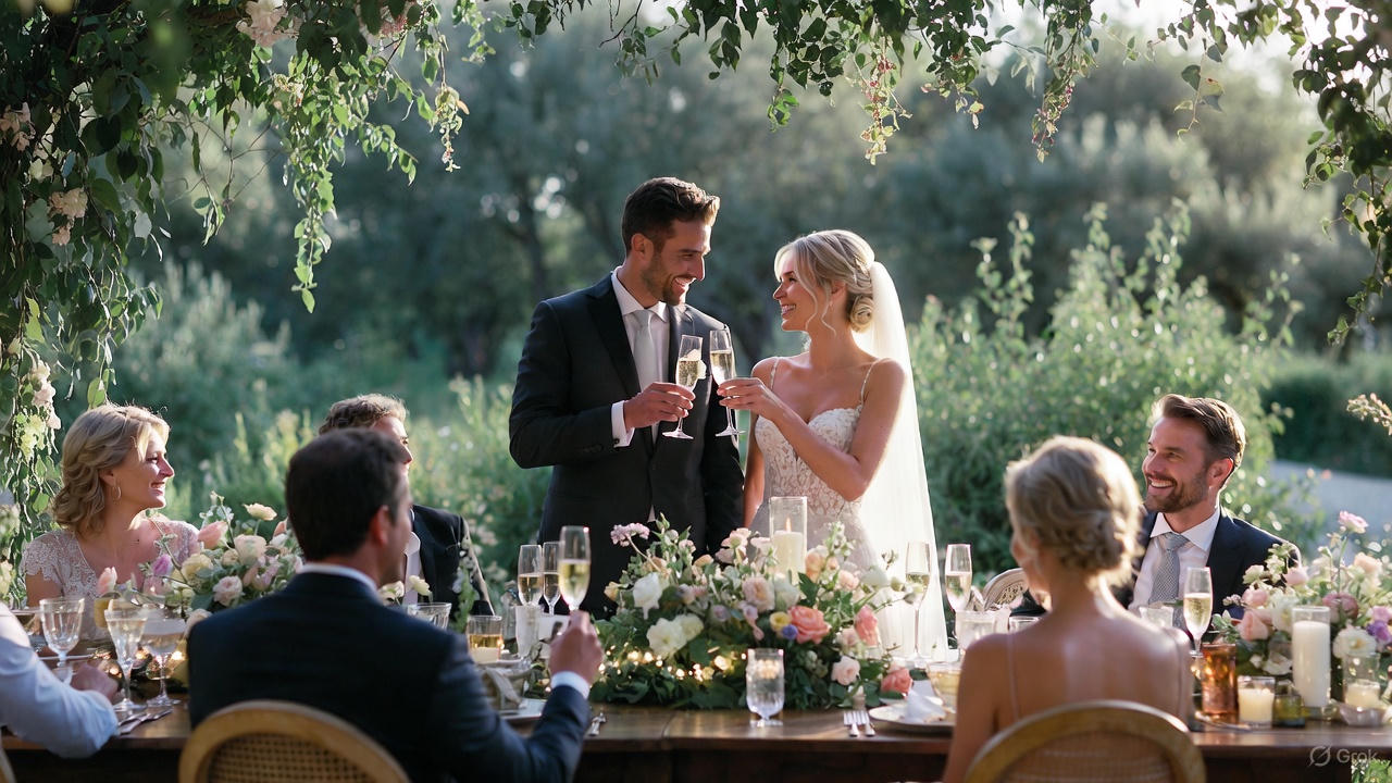 Couple de mariés levant leurs coupes de champagne lors d’un dîner de mariage champêtre et élégant avec fleurs pastel et guirlandes lumineuses