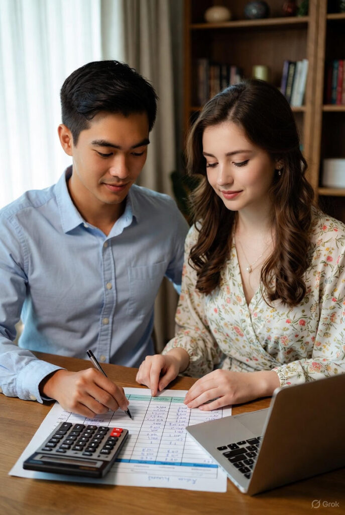 Jeune couple analysant un tableau détaillé des coûts traiteur mariage (menu, personnel, vaisselle) sur une table avec calculatrice et ordinateur portable